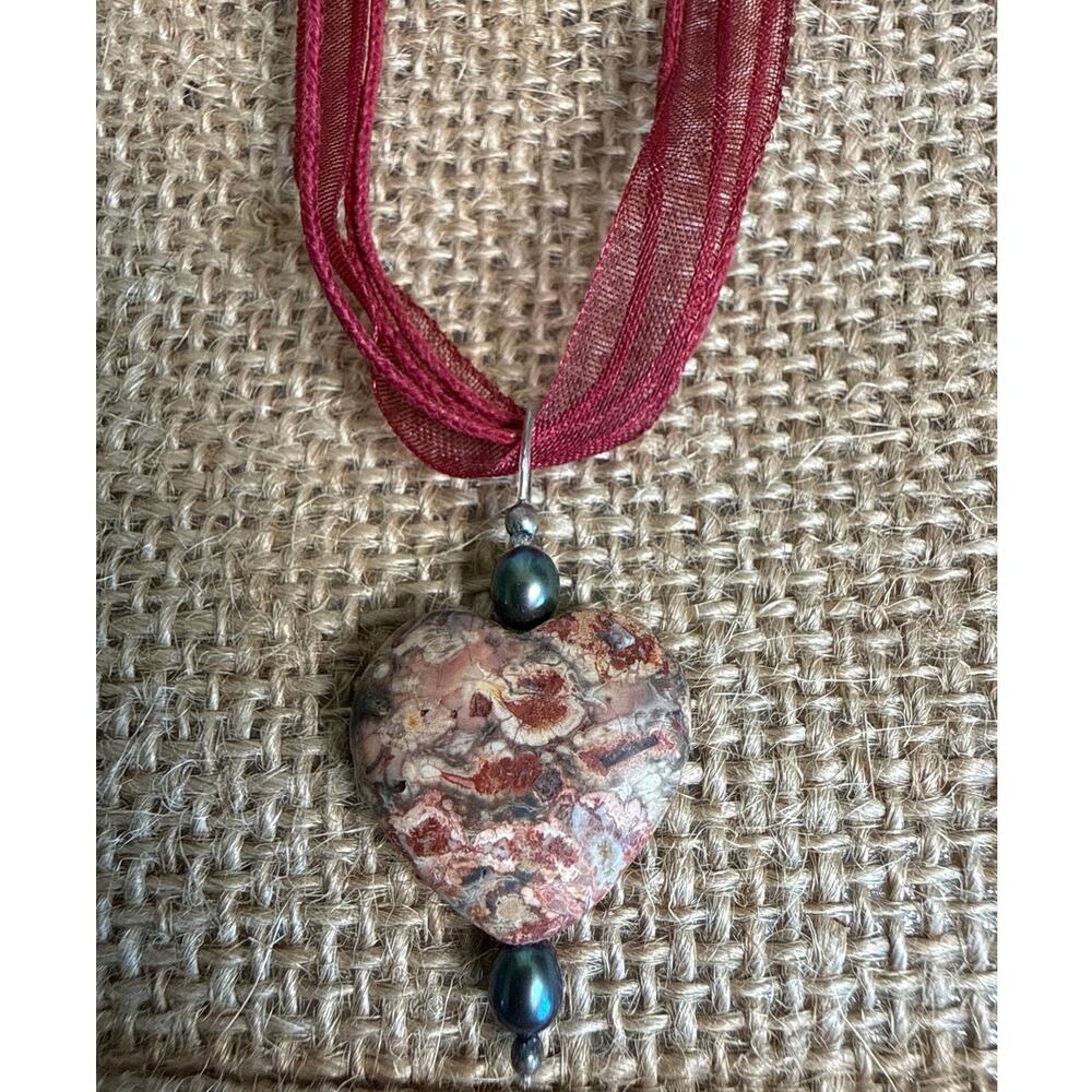 Handmade Natural Stone Heart Necklace Multi-Strand Organza Ribbon Cord 18"